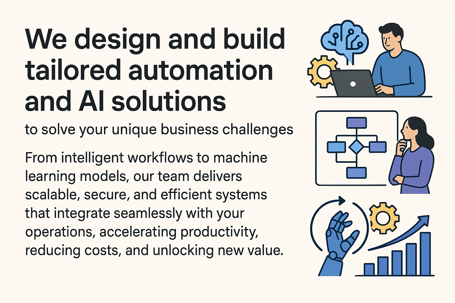 Create a graphics for this services We design and build tailored automation and AI solutions to solve your unique business challenges From intelligent workflows to machine learning models our team delivers scalable secure and efficient systems that i